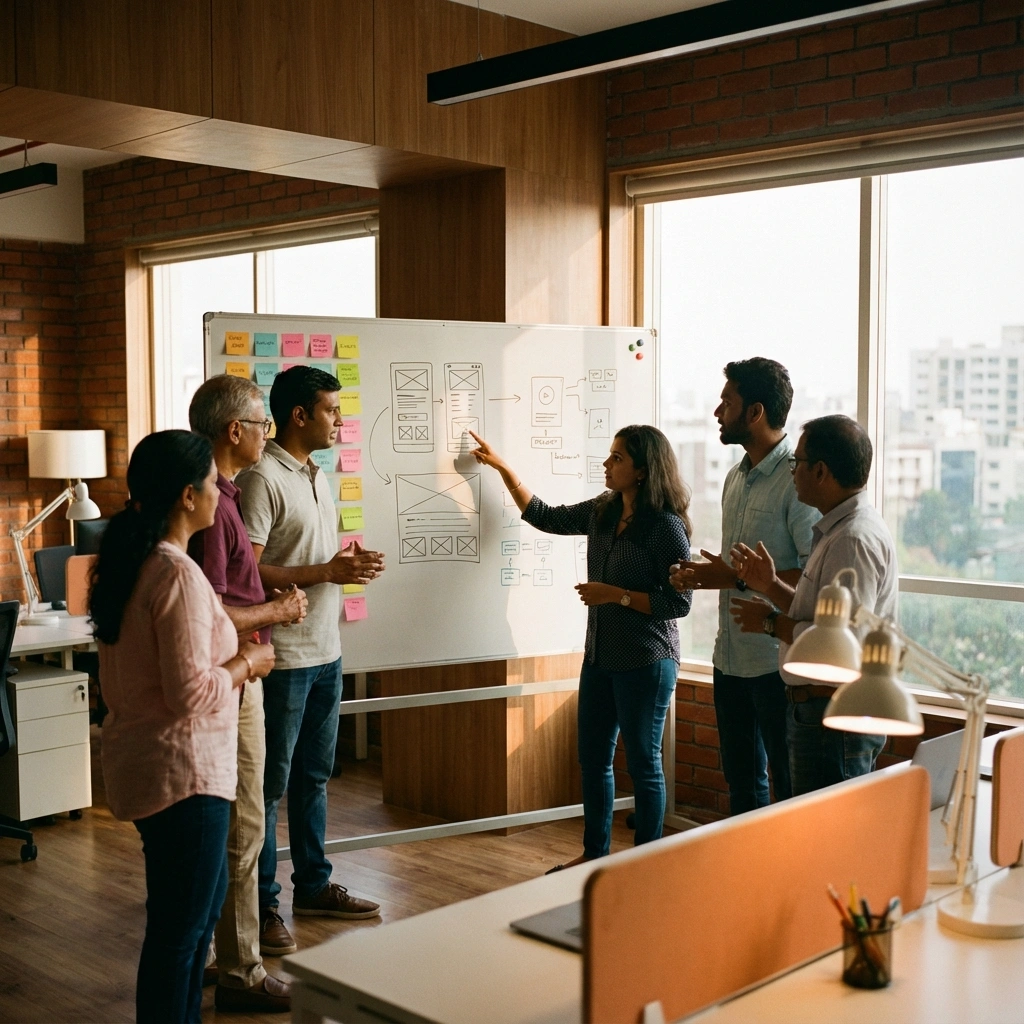 NovaByte team collaborating on a product roadmap in a workshop setting